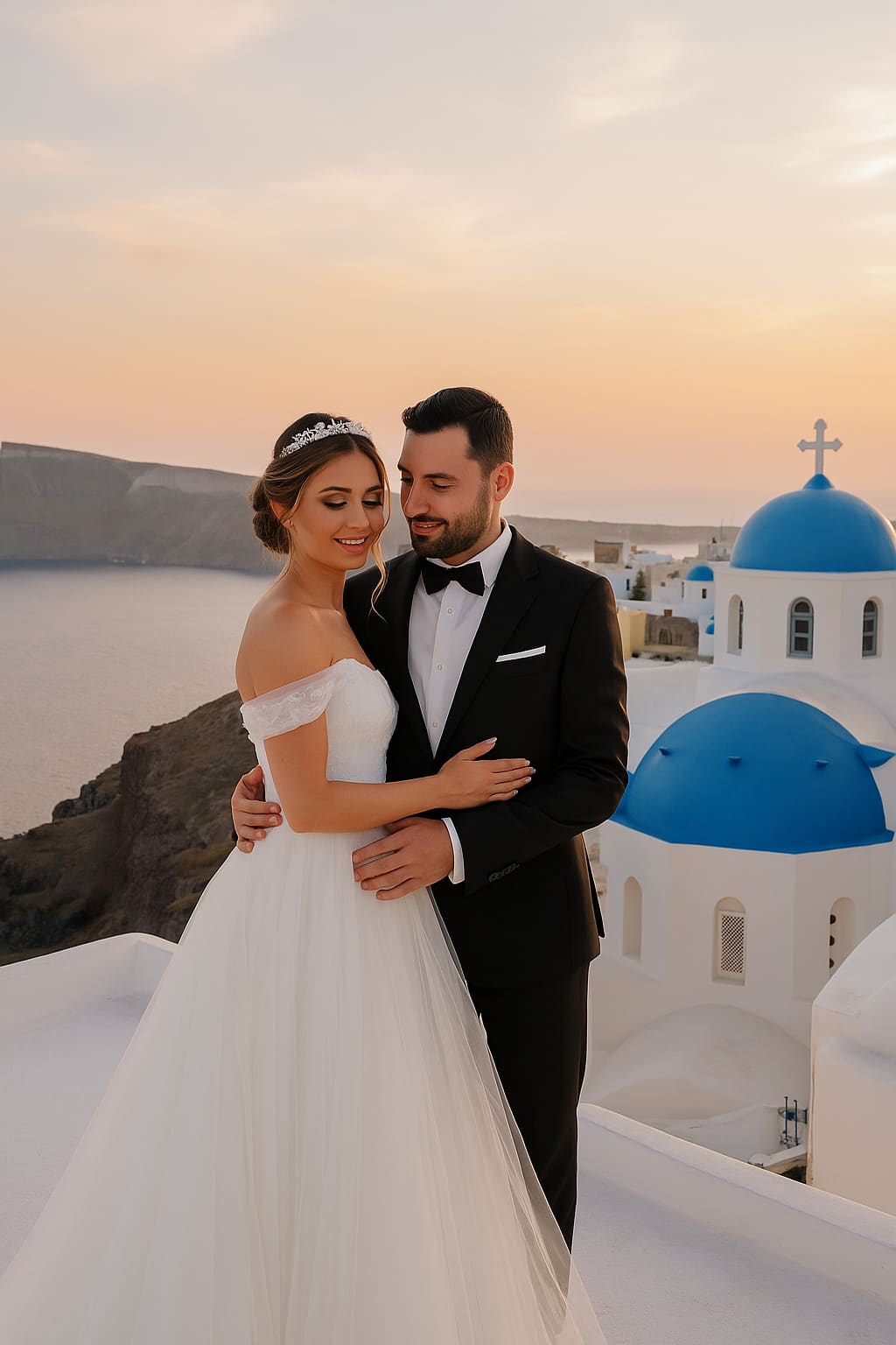 Wedding couple at iconic Santorini blue dome at golden hour